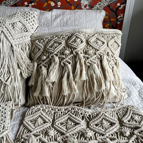 Boho Macrame Pillow Covers Set of 4 100% Cotton Fringe Throw Pillowcases Cream‎ - Picture 5 of 9